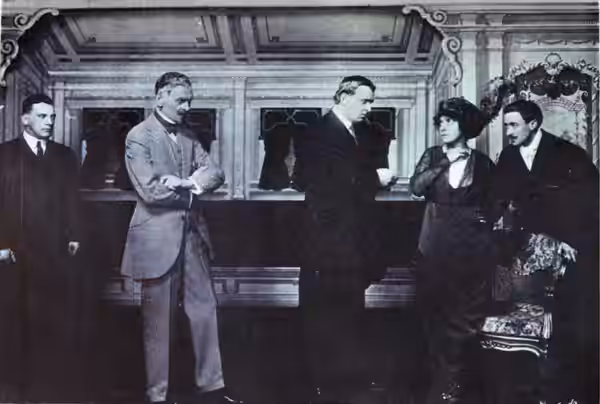 Scene from Act II of 'The Ghost Breaker' (1913): Second Detective (Walter H. Long), Duke Carlos (Frank Westerton), Detective (Joseph Robeson), Maria Theresa (Ka