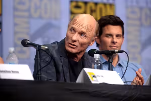 Ed Harris and James Marsden speaking at the 2017 San Diego Comic Con International, for "Westworld", at the San Diego Convention Center in San Diego, California
