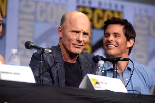 Ed Harris and James Marsden speaking at the 2017 San Diego Comic Con International, for "Westworld", at the San Diego Convention Center in San Diego, California