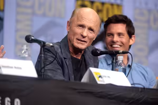 Ed Harris and James Marsden speaking at the 2017 San Diego Comic Con International, for "Westworld", at the San Diego Convention Center in San Diego, California