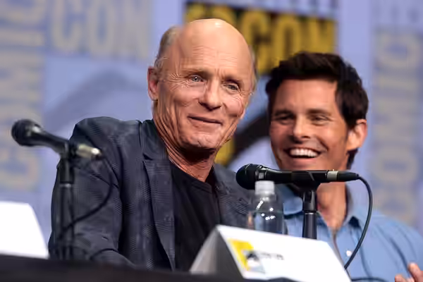 Ed Harris and James Marsden speaking at the 2017 San Diego Comic Con International, for "Westworld", at the San Diego Convention Center in San Diego, California