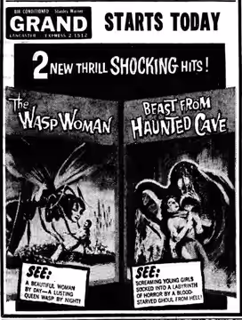 Grand theater advertisement for the double-feature sci-fi/monster films, The Wasp Woman (1959) and Beast from Haunted Cave (1959). From the 28 June 1959 Sunday 