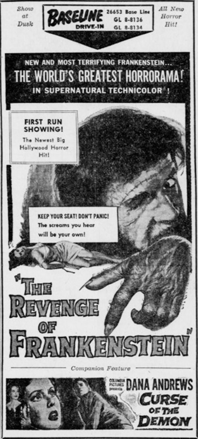 Baseline Drive-In theater advertisement for the double-feature horror films The Revenge of Frankenstein (1958) and Night of the Demon (1957), released in the Un