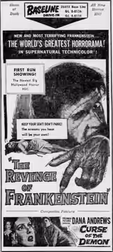 Baseline Drive-In theater advertisement for the double-feature horror films The Revenge of Frankenstein (1958) and Night of the Demon (1957), released in the Un