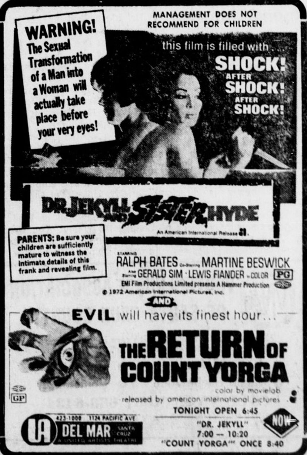 Del Mar theater advertisement for the double-feature horror films, Dr. Jekyll and Sister Hyde and The Return of Count Yorga. 10 May 1972.