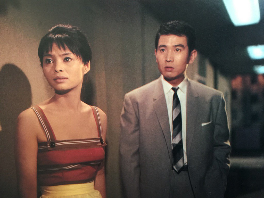 Akiko Wakabayashi and Kenji Sahara during the filming of King Kong vs. Godzilla (1962)