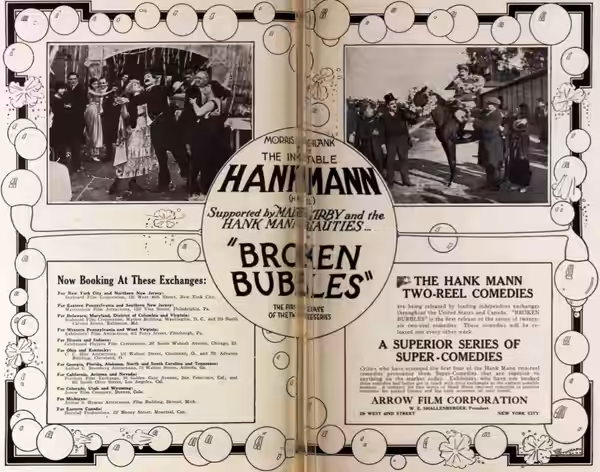 Advertisement for the American comedy short film Broken Bubbles (1920) with Hank Mann and Madge Kirby, on pages 28 and 29 of the February 21, 1920 Exhibitors He