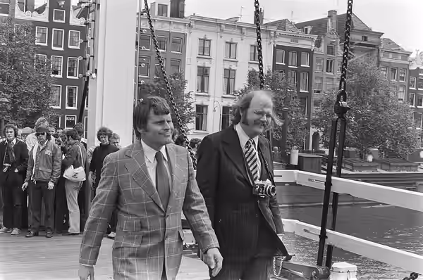 Bruce Glover as Mr. Wint (left) and Putter Smith as Mr. Kidd (right) during filming of Diamonds Are Forever. (1971)