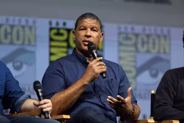 Peter Ramsey speaking at the 2018 San Diego Comic Con International, for "Spider-Man: Into the Spider-Verse", at the San Diego Convention Center in San Diego, C