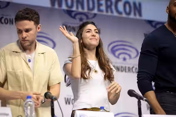 Iain De Caestecker and Natalia Cordova-Buckley speaking at the 2019 WonderCon, for "Marvel's Agents of S.H.I.E.L.D.", at the Anaheim Convention Center in Anahei