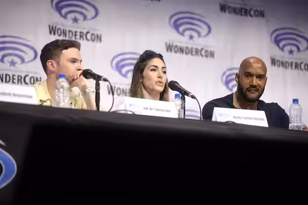 Iain De Caestecker, Natalia Cordova-Buckley and Henry Simmons speaking at the 2019 WonderCon, for "Marvel's Agents of S.H.I.E.L.D.", at the Anaheim Convention C