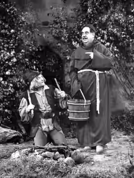Red Skelton as Robin Hood and Billy Gilbert as Friar Tuck in a skit from the television program The Red Skelton Show. (1956)