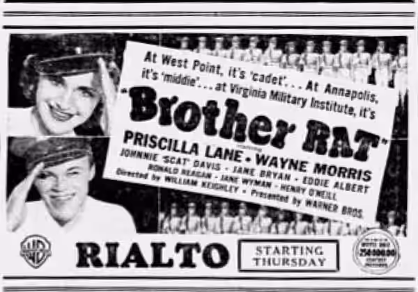 Rialto Theater advertisement for the American comedy drama film Brother Rat (1938) - 28 Nov. 1938 Morning Call, Allentown PA
