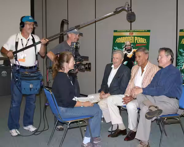 Three-person video production EFP crew Producer Patty Mooney and DP Mark Schulze videotapes interview with Forbidden Planet Cast Warren Stevens, Richard Anderso (2006)