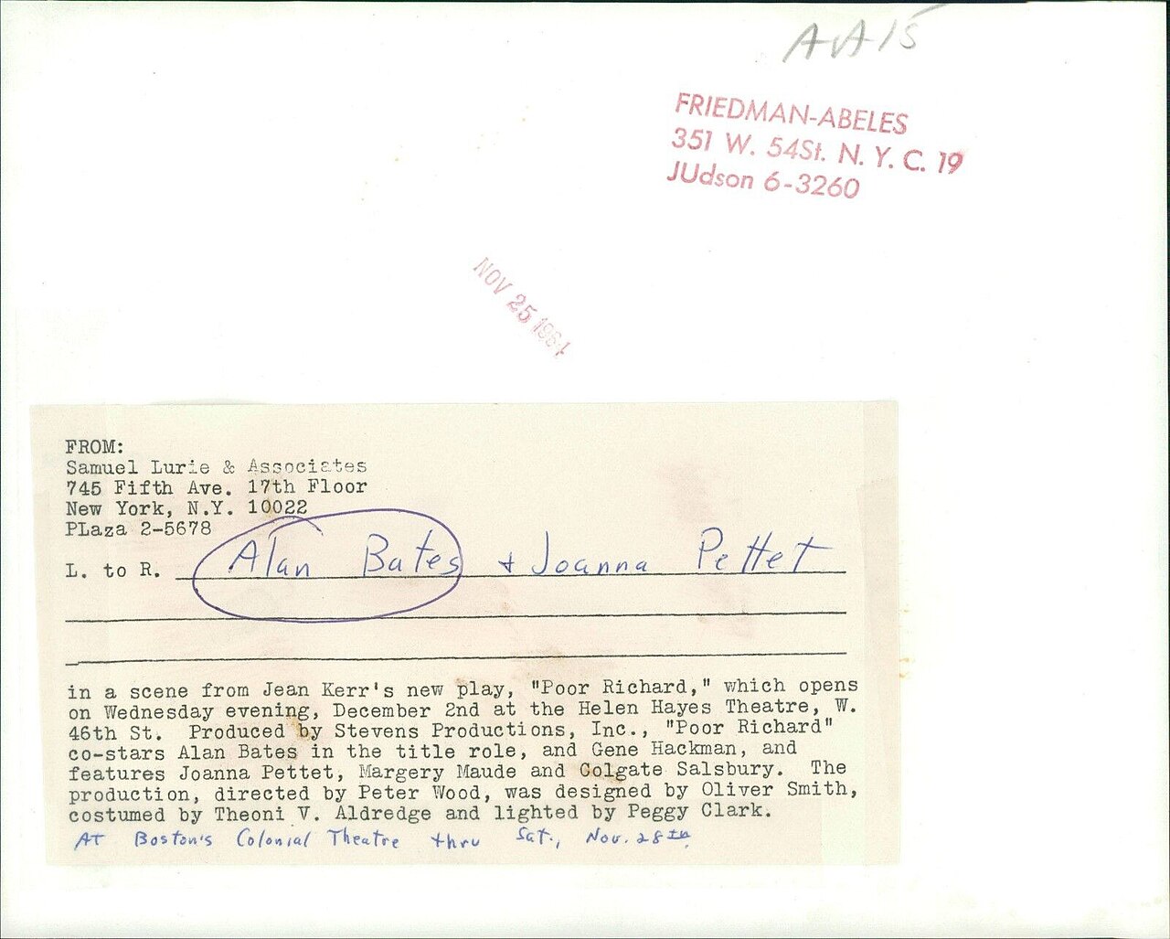 Flipside of Poor Richard vintage publicity still. Telegram states what the picture contains (the actors Alan Bates and Joanna Pettet), plus other co-stars Gene  (1964)