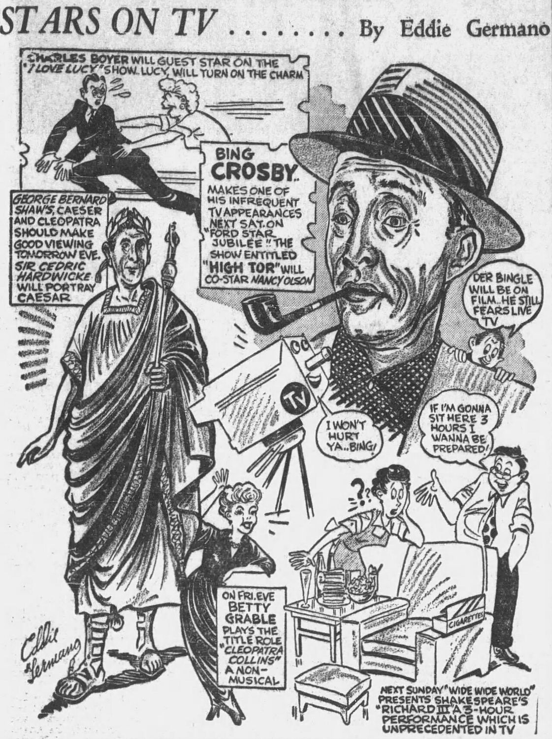 Caricatures of Bing Crosby, Betty Grable, Cedric Hardwicke, and Charles Boyer