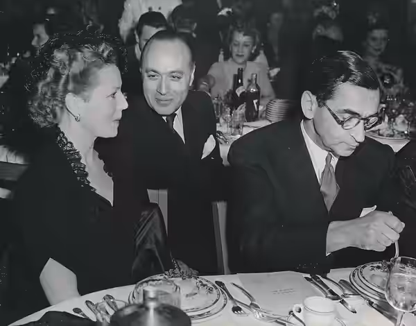 Annabella, Charles Boyer and Irving Berlin. Vintage 1940s 7.5x9.5 photo. The original Nat Dallinger is on the rear of the photo