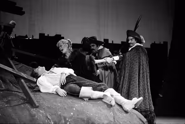 MOMENT OF ANGUISH—From left, Victor Garber portrays Christian, Joan van Ark, Roxane, Kurt Kasznar, Ragueneu, and Richard Chamberlain, Cyrano, in "Cyrano de Berg (1973)