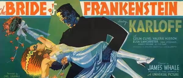 Promotional illustration for the 1935 film Bride of Frankenstein. This design is described as a "pictorial snipe" in the 2004 book Horror Poster Art by Tony Nou