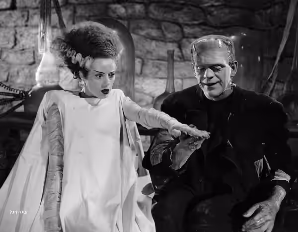 Photo of Elsa Lanchester and Boris Karloff from the 1935 film The Bride of Frankenstein. Note that the image uploaded here is of better quality than the newspri