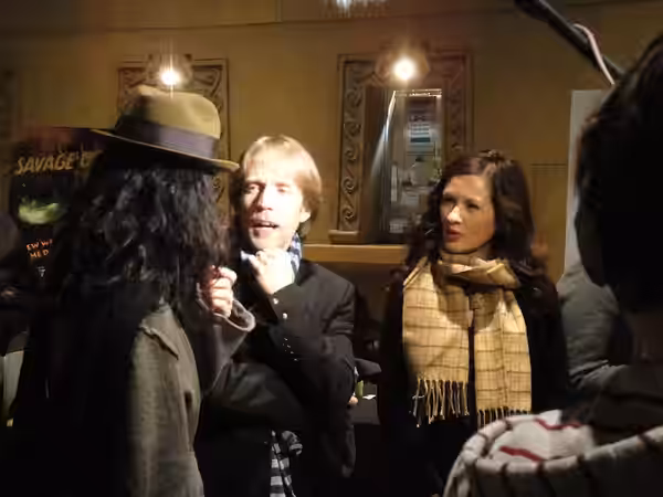 Clone Wars screening - Nika Futterman (Asajj Ventress), James Arnold Taylor (Obi-Wan), Catherine Taber (Padme Amidala) chat outside the theater (2010)