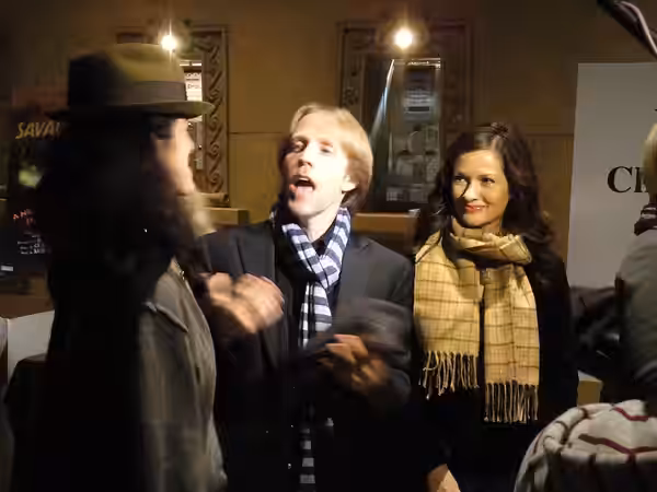 Clone Wars screening - Nika Futterman (Asajj Ventress), James Arnold Taylor (Obi-Wan), Catherine Taber (Padme Amidala) chat outside the theater (2010)