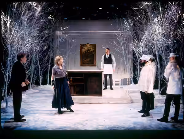 (left to right:) William Atherton, Catherine Curtin, Dan Ziskie, Steven Rosen, Raynor Scheine and Sean McCourt in Franz Kafka's The Castle at Manhattan Ensemble (2013)