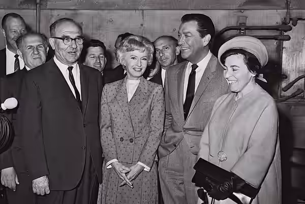 P.M. &amp; MRS. ESHKOL WITH MOVIE ACTORS BARBARA STANWYK AND ROBERT TAYLOR DURING THEIR VISIT TO THE UNIVERSAL CITY STUDIO IN HOLLYWOOD.