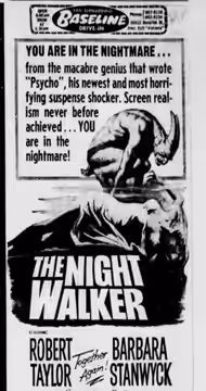 Baseline Drive-In theater advertisement for the American psychological horror film The Night Walker (1964). From the 31 December 1964 San Bernardino Sun.