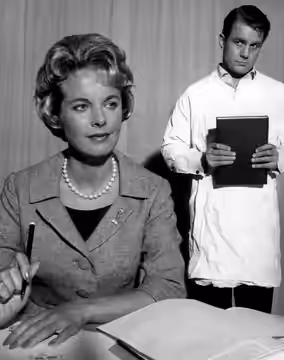 Photo of Cliff Robertson as Charlie Gordon and Mona Freeman as his teacher, Alice, from the television program "The Two Worlds of Charlie Gordon" (1961). This w