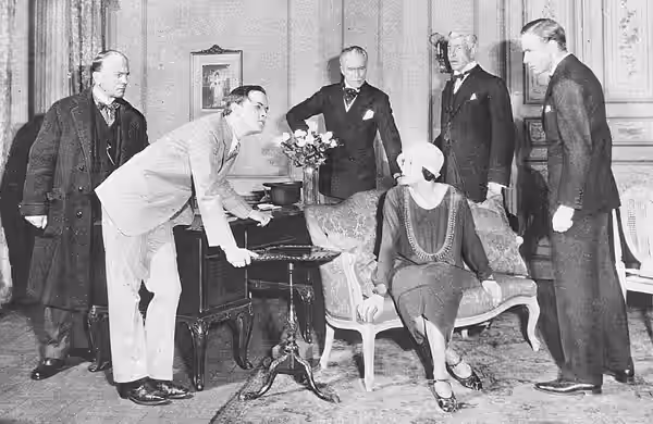 Act I for the pre-Broadway US production of 'The Green Hat' (1925), showing A. P. Kaye as Dr. Masters, Paul Guilfoyle as Gerald March, Gordon Ash as Hilary Town