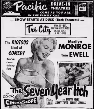 Tri-City Drive-In theater advertisement for the American romantic comedy film The Seven Year Itch (1955). From the 20 July 1955 San Bernardino Sun.