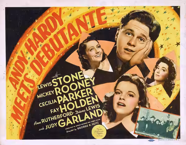 Poster for the American comedy film Andy Hardy Meets Debutante (1940). The item has no copyright markings on it as can be seen in the links above. At bottom rig