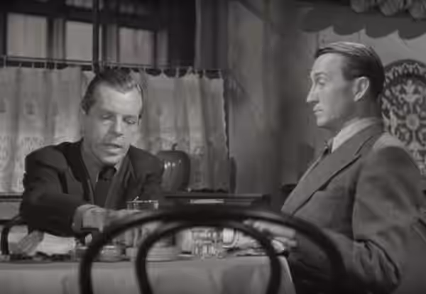 Rudolph Anders (left) &amp; Paul Fix in Sherlock Holmes and the Secret Weapon - cropped screenshot (1943)