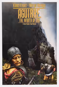 Movie poster for the US theatrical release of the German film Aguirre, the Wrath of God (1972). It depicts the opening scene, filmed in Machu Picchu, in which L (1977)
