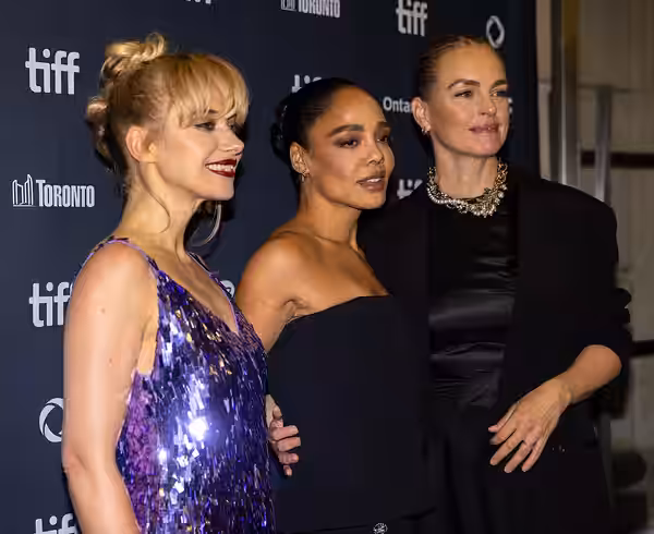 Imogen Poots, Tessa Thompson, and Nina Hoss, actors, at the 2025 Toronto International Film Festival (TIFF) for the movie Hedda.