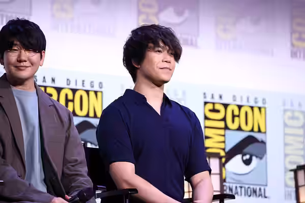 Natsuki Hanae and Aleks Le speaking at the 2025 San Diego Comic Con International, for "Demon Slayer: Kimetsu no Yaiba Infinity Castle", at the San Diego Conven