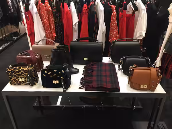Bags designed by w:Emily Ratajkowski for w:The Kooples on display at w:Bloomingdale's at w:900 North Michigan (2018)