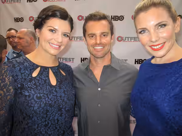 Screenwriters Casey Wilson (left) and June Diane Raphael (right) with director Chris Nelson (center) at the Outfest 2013 premiere of Ass Backwards.