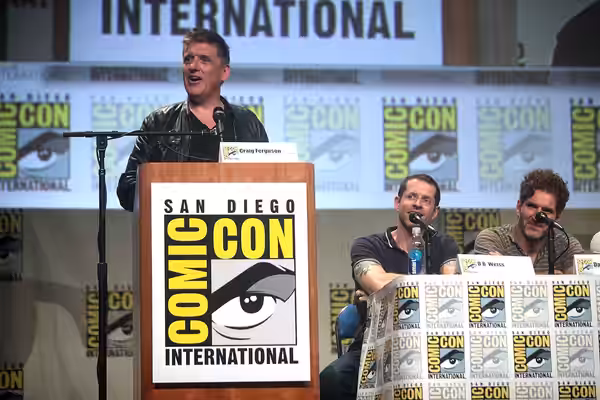 Craig Ferguson, David Benioff and D. B. Weiss speaking at the 2014 San Diego Comic Con International, for "Game of Thrones", at the San Diego Convention Center 