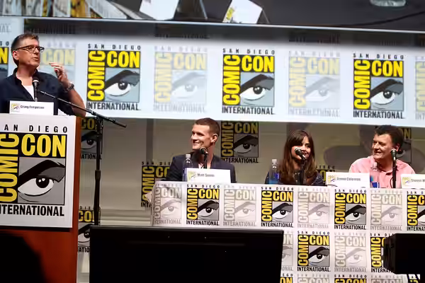 Craig Ferguson, Matt Smith, Jenna Coleman and Steven Moffat speaking at the 2013 San Diego Comic Con International, for "Doctor Who", at the San Diego Conventio