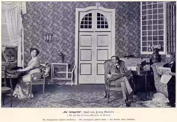 Der Leibgardist. Spiel von Franz Molnár. Im Kleinen Theater in Berlin. 1912. Mit Claire Wallentin, Alfred Abel und Max Adalbert