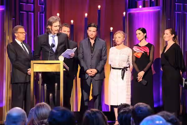 Creator, Writer, Executive Producer Ray McKinnon accepts the Peabody for Rectify. He is joined on stage by Mark Johnson, Clayne Crawford, Aden Young, J-Smith Ca (2015)