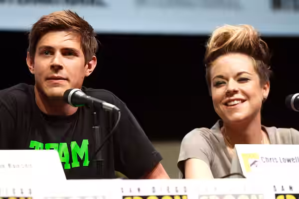 Chris Lowell and Tina Majorino speaking at the 2013 San Diego Comic Con International, for "Veronica Mars", at the San Diego Convention Center in San Diego, Cal