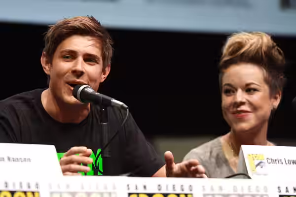 Chris Lowell and Tina Majorino speaking at the 2013 San Diego Comic Con International, for "Veronica Mars", at the San Diego Convention Center in San Diego, Cal