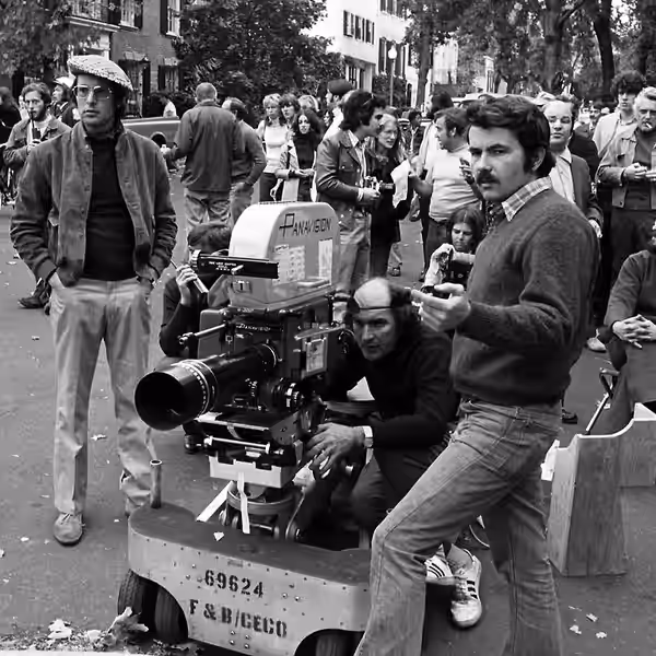 Director William Friedkin (left), cinematographer Owen Roizman and producer William Peter Blatty preparing to shoot a scene from The Exorcist (based on Blatty's (1973)