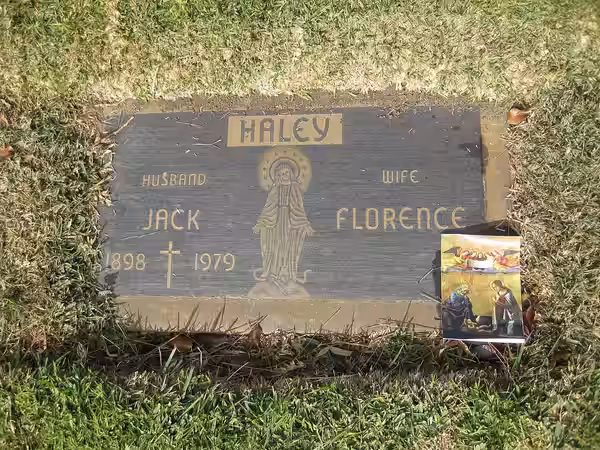 Grave of actor John Joseph "Jack" Haley and his wife Florence at Holy Cross Cemetery in Culver City, California (grotto, lot 100, grave 2). Haley was born Augus (2011)