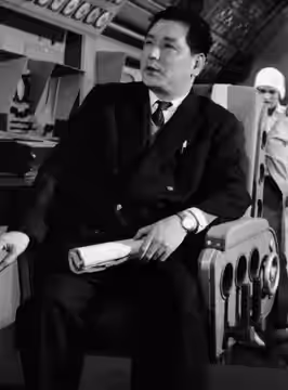 Japanese film producer Tomoyuki Tanaka (April 26, 1910 – April 2, 1997) on the set of Battle in Outer Space (1959).