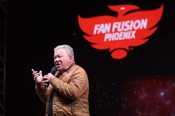 William Shatner speaking with attendees at the 2023 Phoenix Fan Fusion at the Phoenix Convention Center in Phoenix, Arizona. Please attribute to Gage Skidmore i