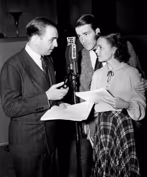 Photo of Santos Ortega as Inspector Queen (father of Ellery), Hugh Marlowe as Ellery Queen and Marian Shockley as Ellery's asistant, Nikki, from the radio progr (1939)